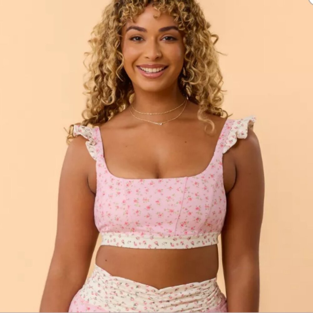 Blogilates Women's Ruffle Corset Sports Bra - Pink Floral- Medium